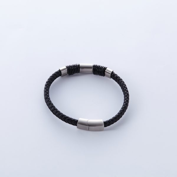 Silver colored Stainless Steel braided Faux Leather Bracelet