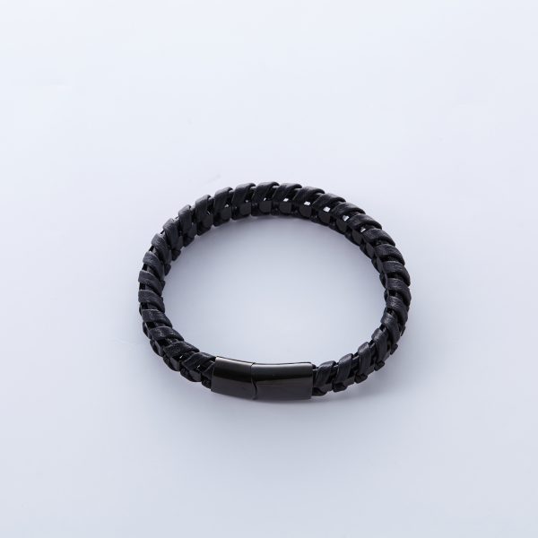 Black Stainless Steel braided Faux Leather Bracelet