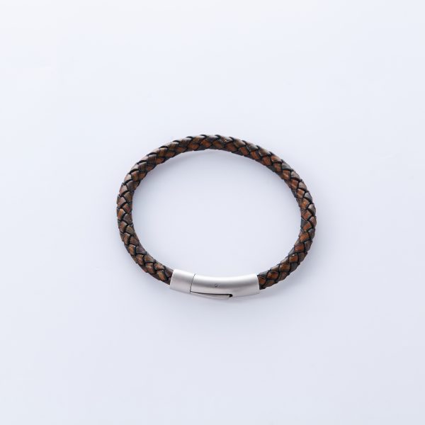 Silver colored Stainless Steel braided Brown Faux Leather Bracelet