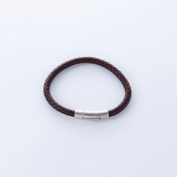 Silver colored Stainless Steel braided Chocolate Brown Faux Leather Bracelet