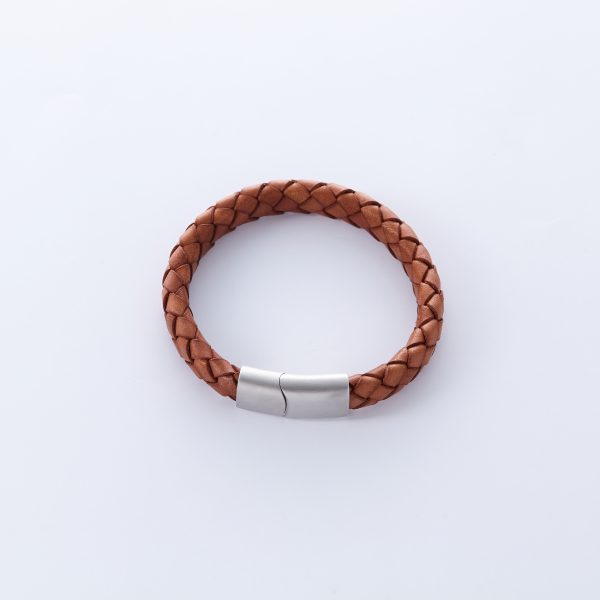 Silver colored Stainless Steel clasp braided Cognac colored Faux Leather Bracelet