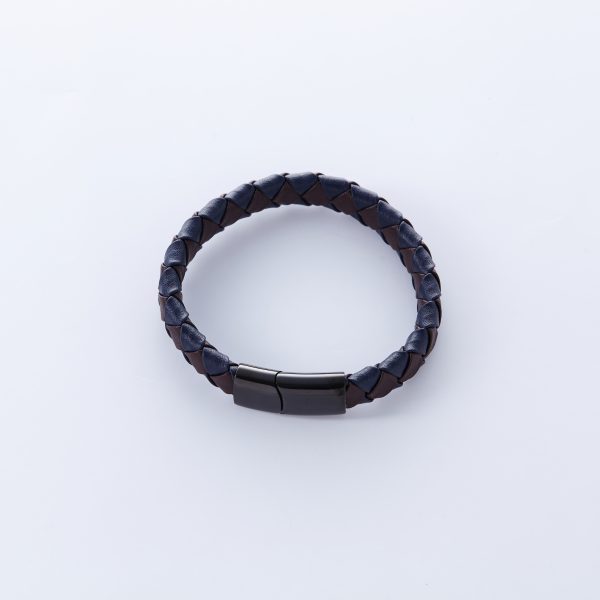 Black Stainless Steel braided Brown and Black Faux Leather Bracelet