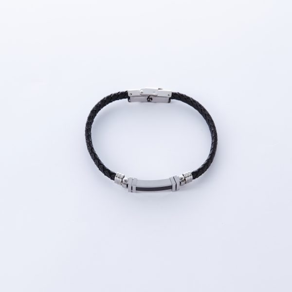 Black and Silver colored ID bracelet braided Faux Leather with Stainless Steel Clasp