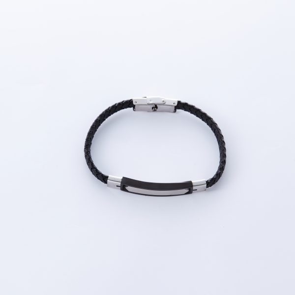 Silver and Black colored ID bracelet braided Faux Leather with Stainless Steel Clasp