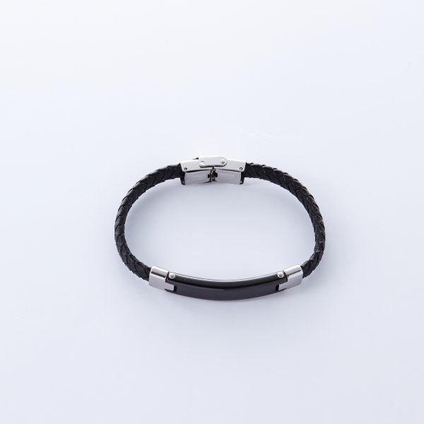 Slim Black ID bracelet braided Faux Leather with Stainless Steel Clasp