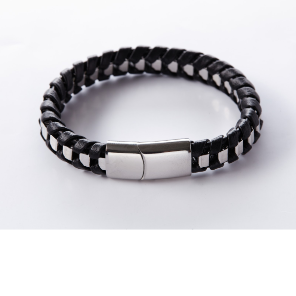 Chunky Stainless Steel and Black Faux Leather braided